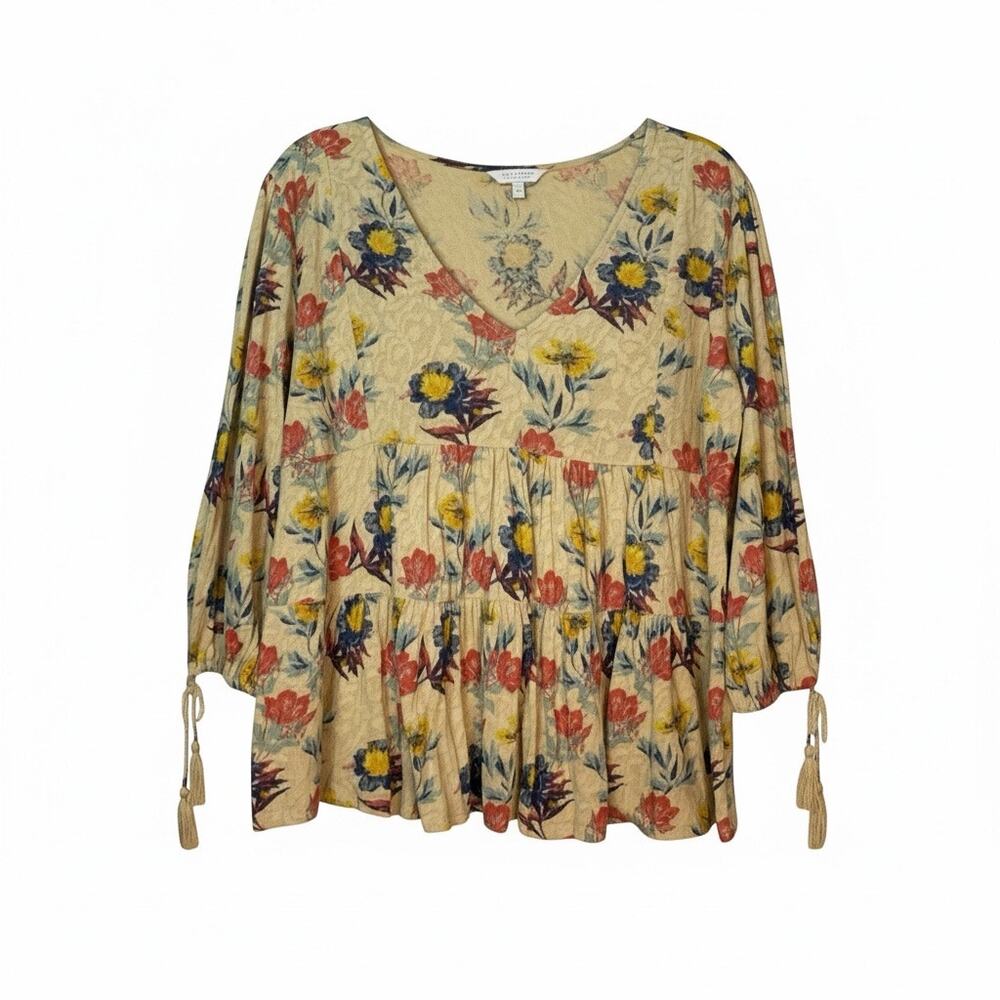 Lucky Brand Boho Gauze Blouse Small Floral Tassel Peasant Top Festival